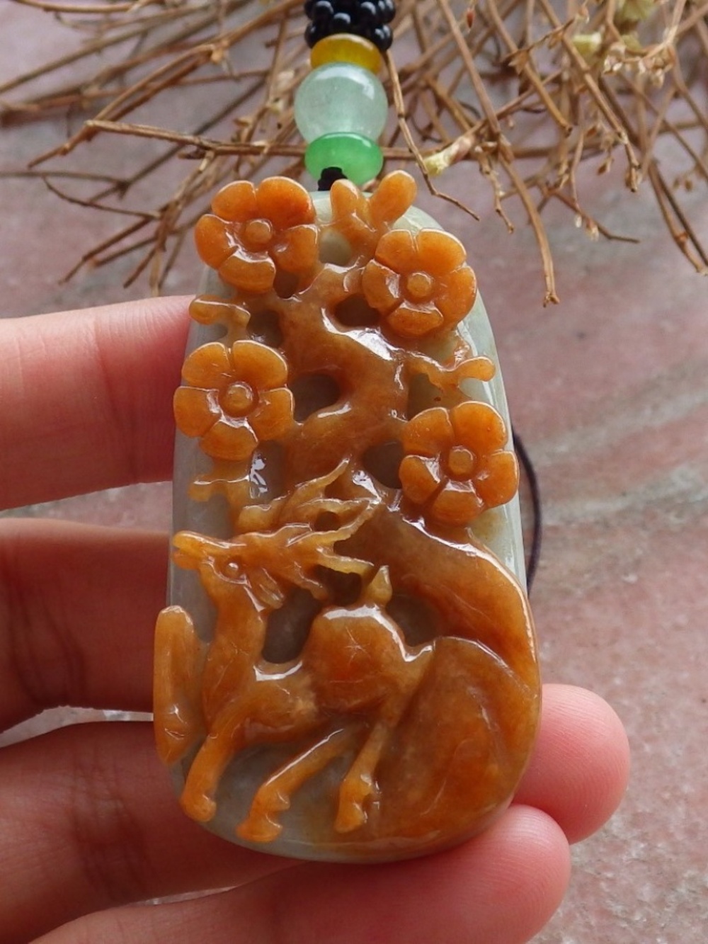 Certified Natural Burma A Jade Jadeite Deer Lotus Flower Pendant Necklace